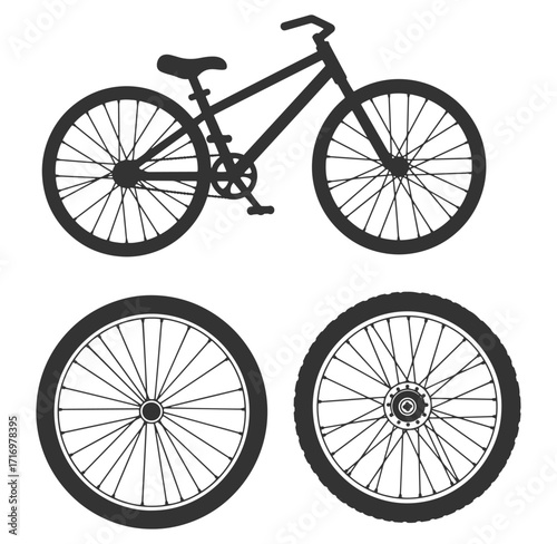 Black bicycle silhouette with separated wheels and detailed wheel variations isolated on white background
