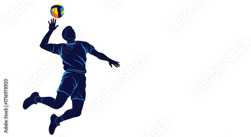 Dynamic graphic illustration of a male volleyball player performing a powerful spike during a match