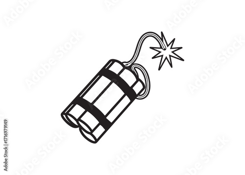 Pack of dynamite with lit fuse flat vector icon, black silhouette isolated on white background.