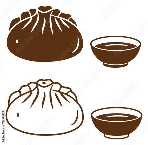 Deliciously illustrated dumplings and dipping sauce in brown tones representing culinary delights