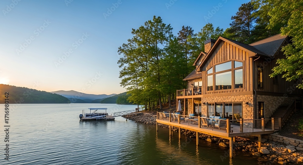 Obraz premium Waterfront home at sunset in a peaceful mountain lake setting