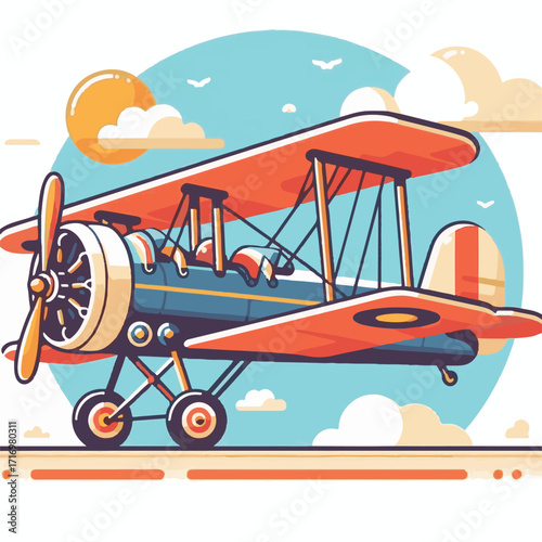 biplane, airplane, plane, aircraft, air, propeller, flight, sky, vintage, aeroplane, old, fly, retro, aviation, transport, wing, pilot, travel, illustration, red, background, vector, transportation, w