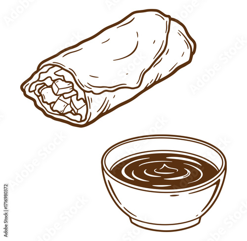 Hand drawn illustration of a delicious burrito with a dipping sauce in a simple design