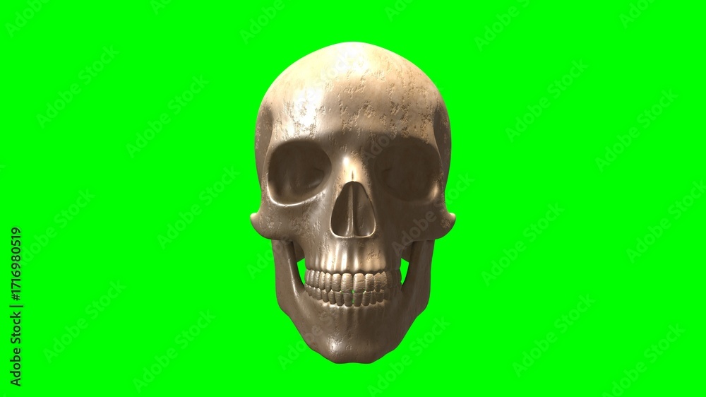 Obraz premium Photorealistic Human Skull on Green Screen. A highly detailed, photorealistic 3D rendering of a human skull, set on a solid green background for easy compositing. Perfect for projects.