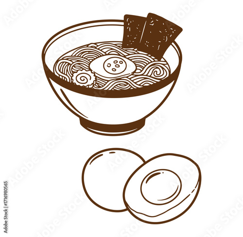 Hand drawn illustration of a ramen bowl with egg and seaweed on a white background