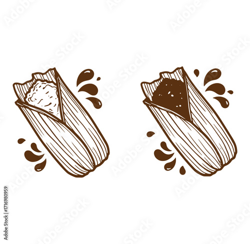 Hand drawn illustration of two tamales and decorative drips isolated on white background