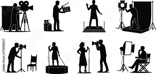 Film production crew silhouettes, actors, directors, photographers, lighting setup, studio background, movie making scene, cinematic concept, entertainment industry