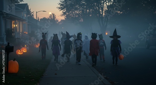Halloween Night: Children Trick-or-Treating in Foggy Neighborhood