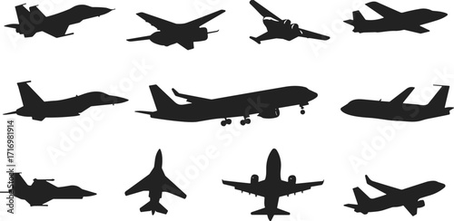Silhouette collection of various military aircraft, passenger airplanes, jet planes, fighter jets, warplanes, commercial airplanes isolated on white background