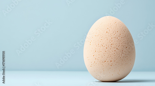 Close up of textured egg against soft blue background, showcasing its natural beauty