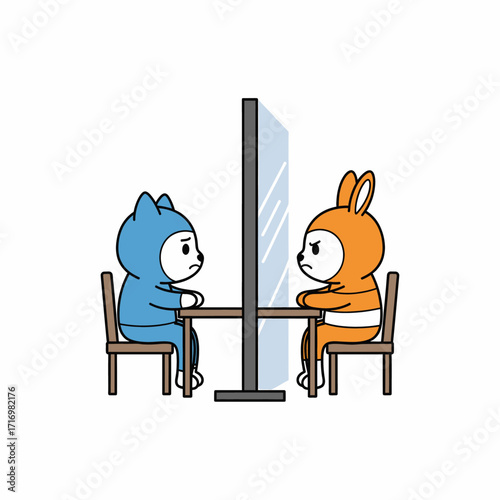 Two cartoon animal characters, a blue cat and an orange rabbit, sit at a table separated by a clear protective barrier.