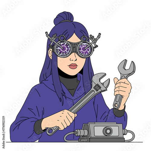 A woman with purple hair and steampunk goggles holds wrenches, working on a mechanical device.