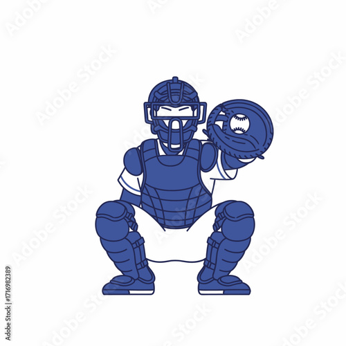 A blue-outlined illustration of a baseball catcher in a crouched position, holding a baseball.