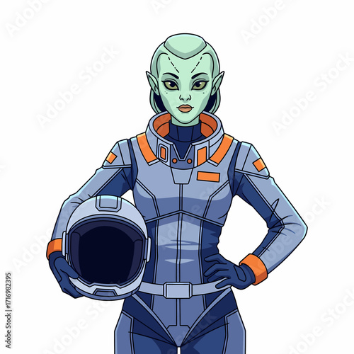 Female alien astronaut in spacesuit holding helmet.