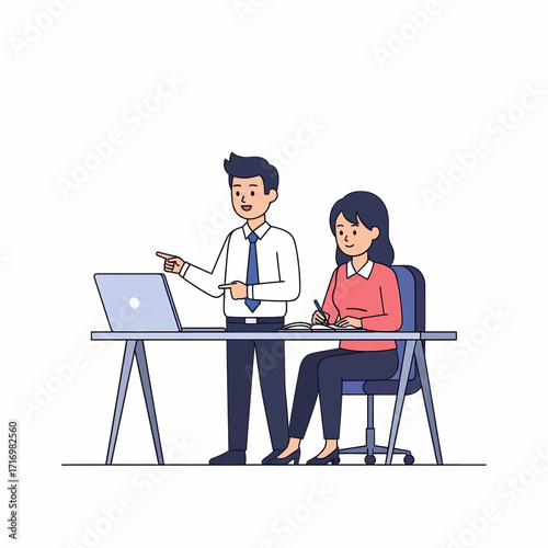 A man points at a laptop screen while a woman takes notes at a desk in an office setting.