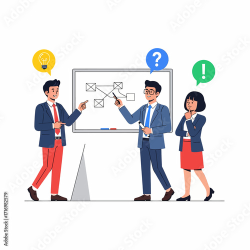Business team brainstorming a project plan on a whiteboard.