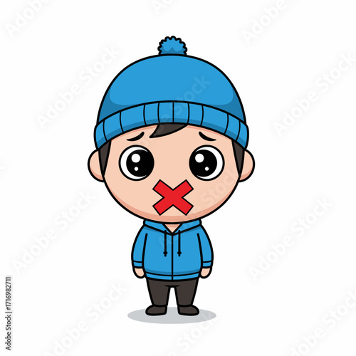A cute cartoon boy in a blue beanie and hoodie with a red X taped over his mouth, looking sad.