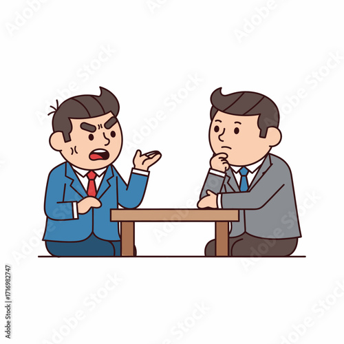Two men in suits are sitting at a table, one is angry and the other is thinking.