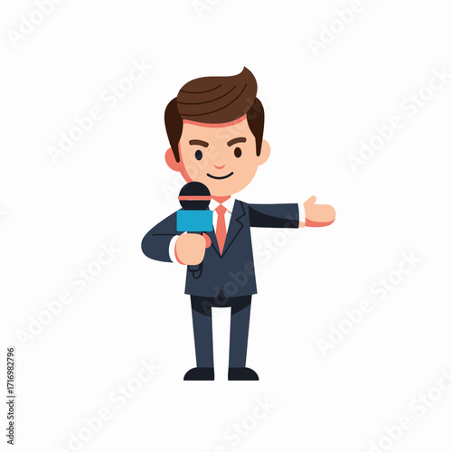 A cartoon illustration of a male news reporter in a suit holding a microphone and gesturing.