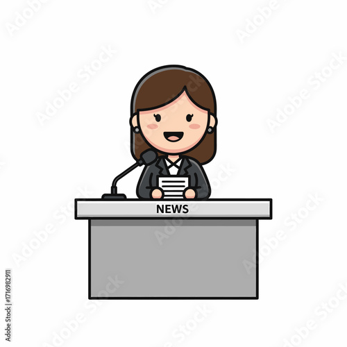 A cartoon illustration of a female news anchor at a desk with a microphone and papers.