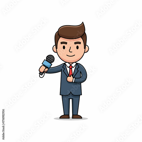 Create a detailed description (6-180 characters) without keywords.     *   "Cartoon illustration of a male reporter in a suit holding a microphone, smiling.".
