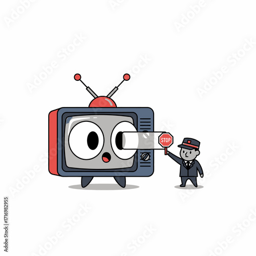 Cartoon illustration of a TV character being censored by a man holding a stop sign.