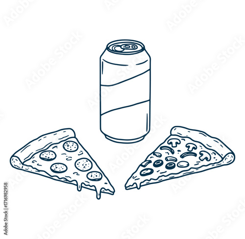 Pizza slices with a soda can food and drink vector illustration in a minimalist style