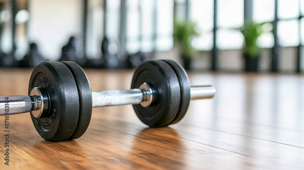 Naklejka premium Close up of dumbbell on gym floor, showcasing fitness equipment and workout environment