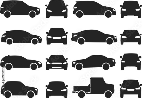Vehicle silhouettes, car profiles, sedan, SUV, hatchback, pickup truck, black vector icons, side view, front view, automotive design
