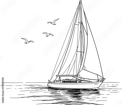Elegant sailboat with full sails gliding across calm water on a bright day with a minimalist artistic style