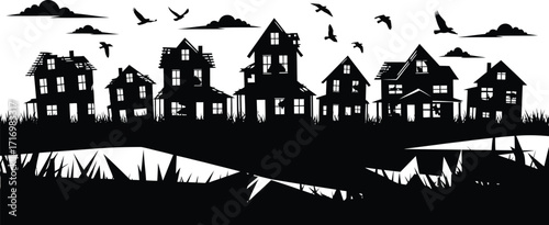 Spooky silhouette of a haunted village with creepy old houses and flying birds against a white sky