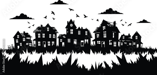 Spooky silhouette of a haunted victorian mansion village under a dark cloudy sky with bats flying