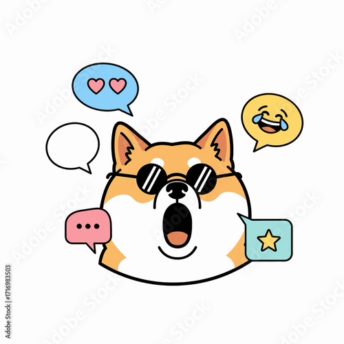 A cartoon Shiba Inu dog wearing sunglasses surrounded by social media chat bubbles with heart, laugh, and star emojis.