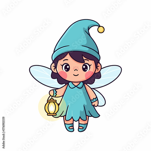 A cute cartoon fairy with blue wings and a blue hat holding a glowing lantern.