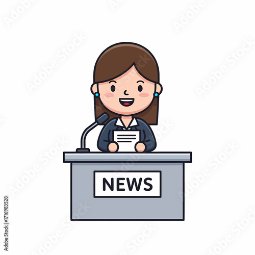 Cartoon illustration of a smiling female news anchor or reporter at a news desk with a microphone and papers.