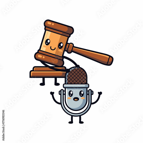 Cute cartoon illustration of a gavel and a microphone, representing law and audio.