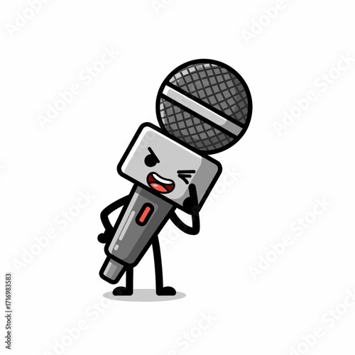 Cute cartoon microphone character winking mischievously.