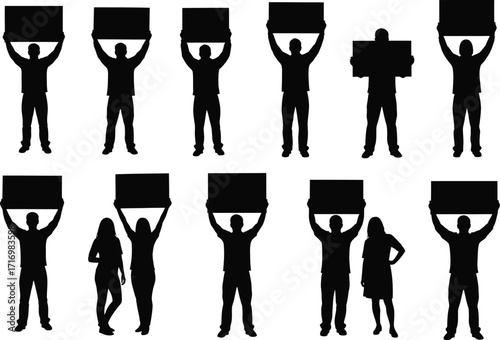 Collection of diverse silhouette figures holding blank protest signs aloft in a demonstration or rally