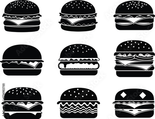 Collection of nine stylized black and white illustrations of diverse hamburger designs on a white background
