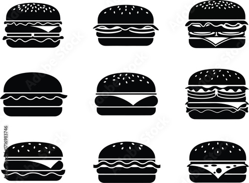 Collection of nine diverse black and white silhouette illustrations of classic hamburgers on a white background