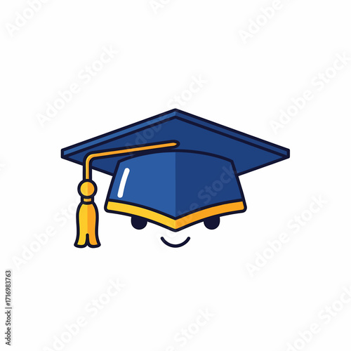 Cute cartoon blue graduation cap with a yellow tassel and a smiling face, symbolizing academic achievement.