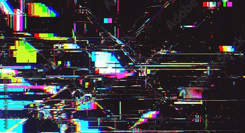 Abstract digital art piece with glitch effects, showcasing vibrant colors and geometric shapes.