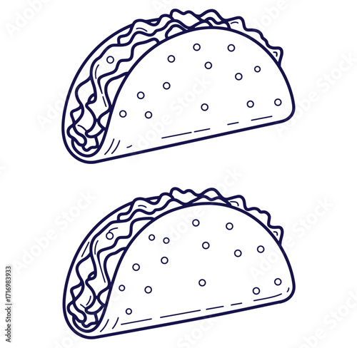 Two hand drawn tacos outlines in black and white on a clean white background