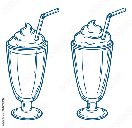 Two hand drawn milkshakes with whipped cream and straws in glassware illustration