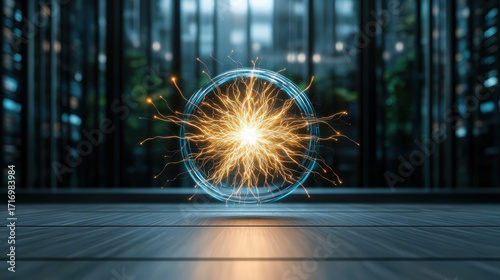 Glowing plasma sphere emits vibrant energy in modern, futuristic setting