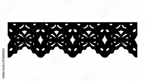 Intricate black lace border with floral and diamond patterns creating a decorative edge design element silhouette