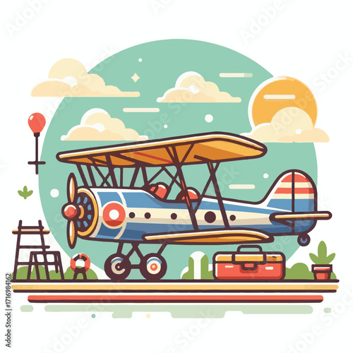 biplane, airplane, plane, aircraft, air, propeller, flight, sky, vintage, aeroplane, old, fly, retro, aviation, transport, wing, pilot, travel, illustration, red, background, vector, transportation, w