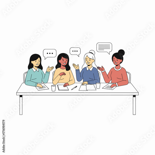 Four women collaborate around a table, engaging in discussion and teamwork.