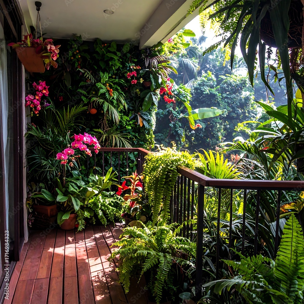 Obraz premium Lush balcony garden with vibrant flowers and greenery