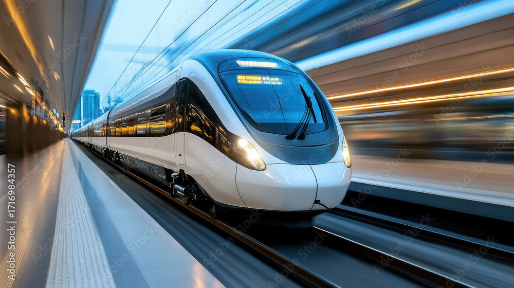 Fototapeta premium High speed train moving swiftly on tracks, showcasing modern design and technology